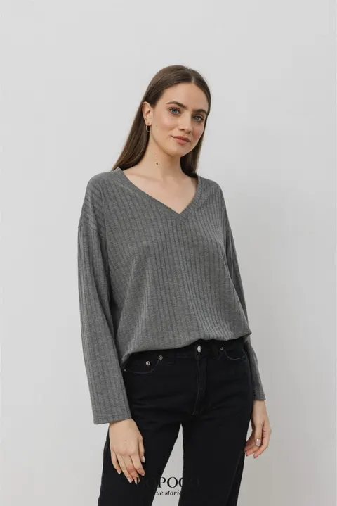 Longsleeve z dzianiny swetrowej SZARY prążkowany -50%