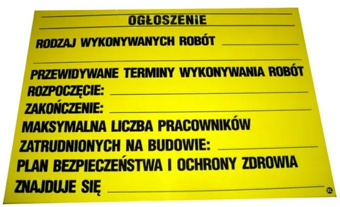 Tablica budowy BIOZ (OGŁOSZENIE) 50x70 cm
