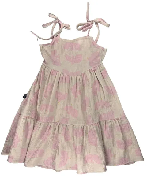 Sukienka 007-24 SUMMER MUSLIN DRESS / BIRDS PRINT / BEIGE - GOTS