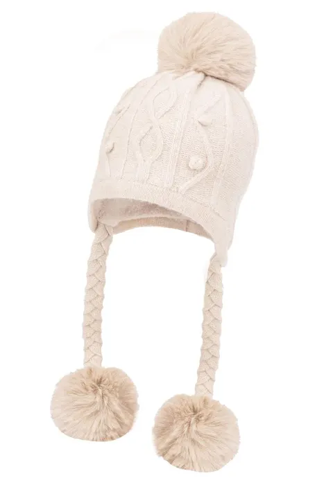 Czapka dla dziewczynki MALAKI Merino na zimę z trzema pomponami beż | Jamiks