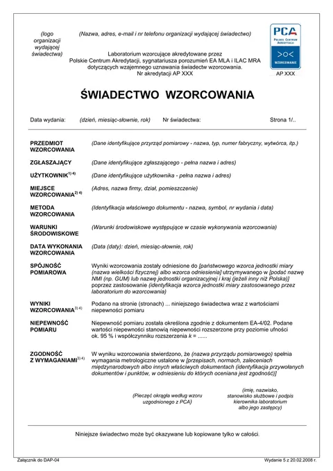 Świadectwo wzorcowania PCA punkt temperatury i 2 punkty wilgotności bez wyświetlacza