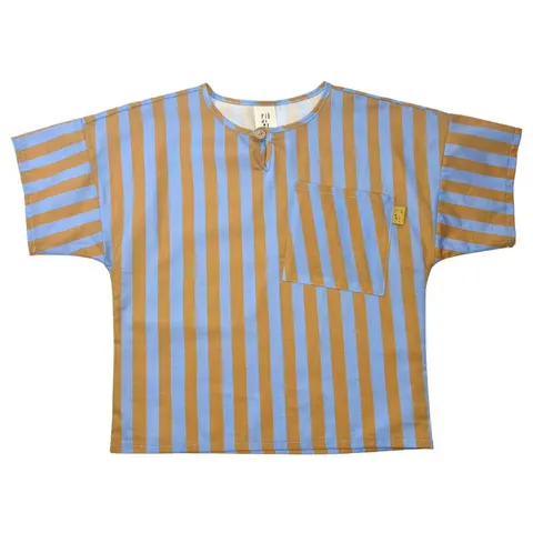 Koszulka 067-25 T-SHIRT WH BUTTON LIGHT BLUE & OCHRE STRIPES ( 100% COTTON )
