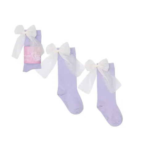 Podkolanówki Candy Bow LAWENDOWE z bielą