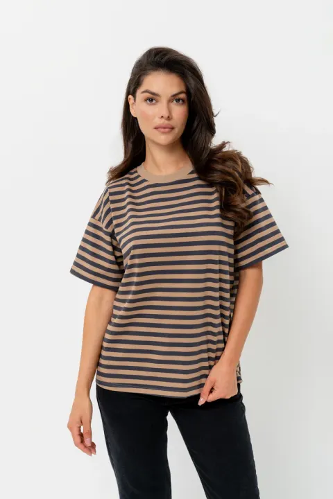 T-Shirt damski STRIPES HARMONY brąz Bopoco