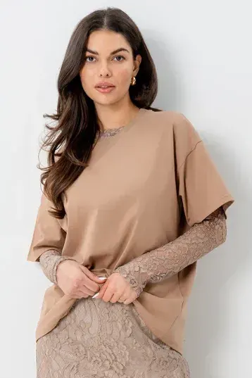 Longsleeve damski KORONKOWY beżowy Bopoco