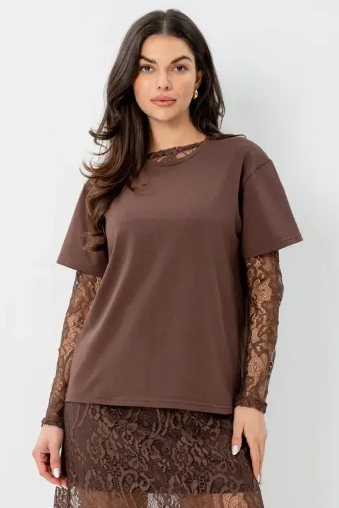T-Shirt damski LOOKS WE LOVE brązowy Bopoco