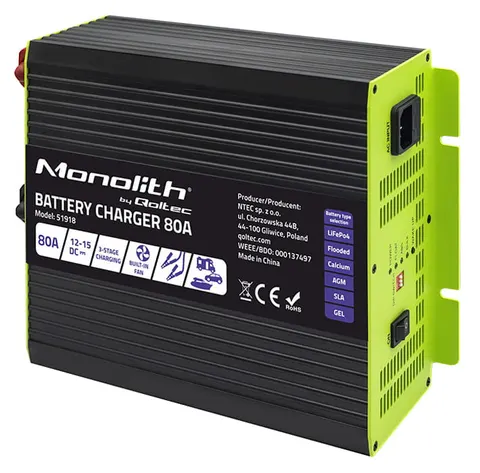 Prostownik Qoltec Monolith do akumulatorów LiFePO4 AGM GEL SLA 80A 12V