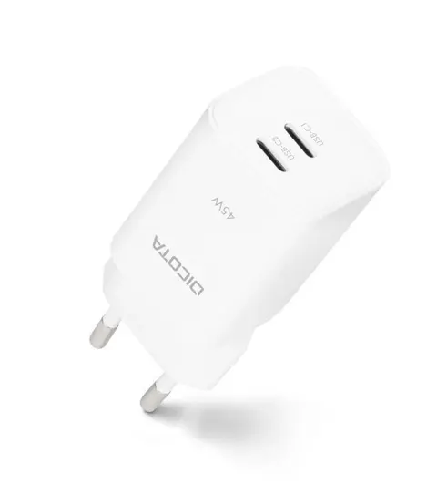 DICOTA Ładowarka GaN 45W 2xUSB-C + kabel USB-C 1.5m biała
