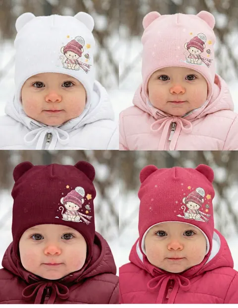 Zimowa czapka welurowa z uszkami Miś w czapce