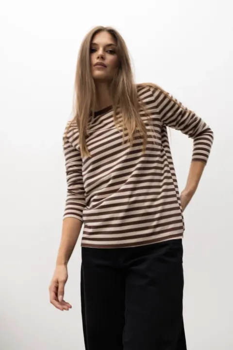 Longsleeve damski oversize w paski brązowo-ecru BOPOCO