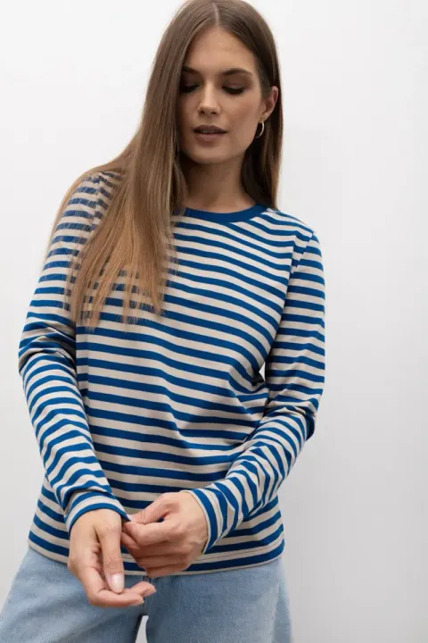 Longsleeve damski oversize w paski niebiesko-ecru BOPOCO