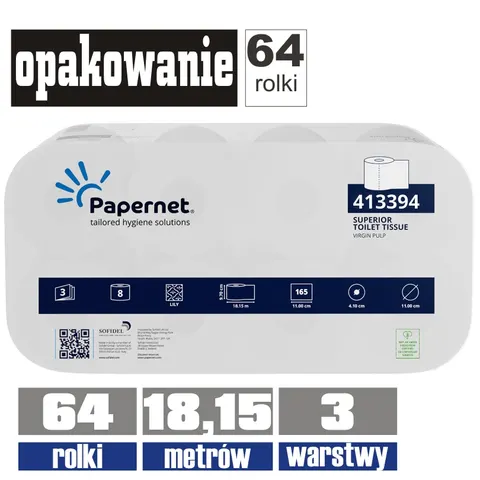 413394 PAPERNET papier toaletowy 3-warstwy 18,15 mb / 8x8rolek=64rolki