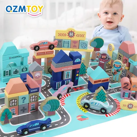 Klocki drewniane 161 elementów - Tor wyścigowy + Puzzle