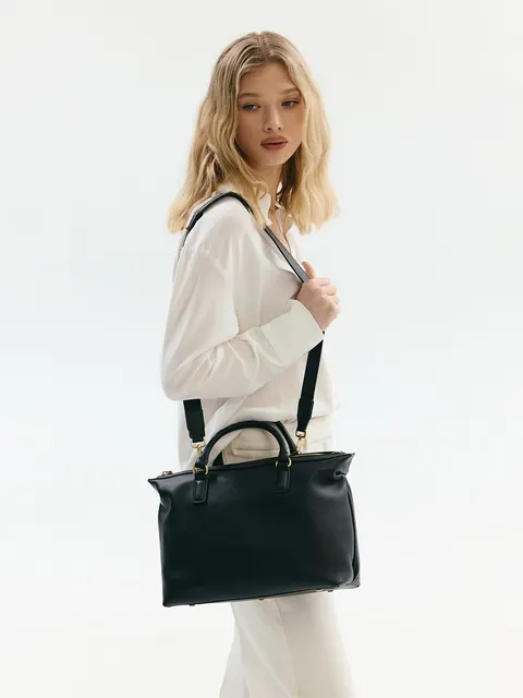 PEONY czarny groszek duża skórzana torba shopper damska shopperka