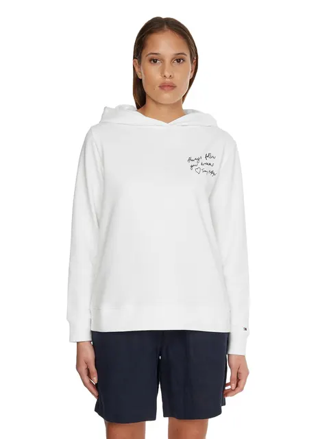 TOMMY HILFIGER BLUZA DAMSKA REGULAR SLOGAN HOODIE WHITE WW0WW35604 YBR - Rozmiar: S