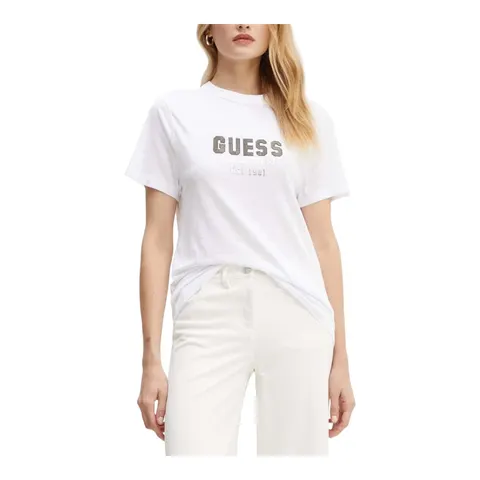 GUESS KOSZULKA DAMSKA T-SHIRT SS CN PYRAMIDE STUDS TEE BIAŁA W4YI35KC8T0 G011 - Rozmiar: S
