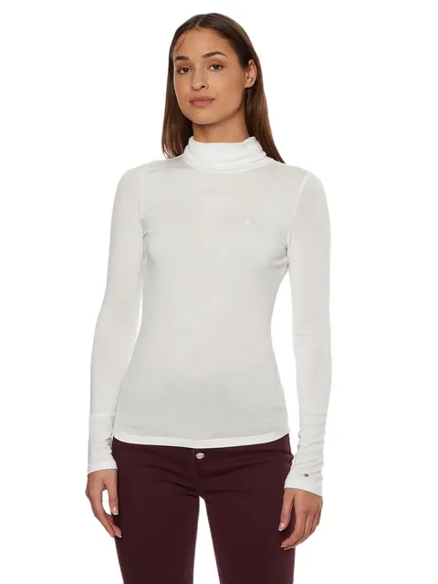 TOMMY HILFIGER DAMSKI GOLF SLIM SOFT TENCEL ROLL NECK TOP ECRU WW0WW36138 YBL - Rozmiar: M