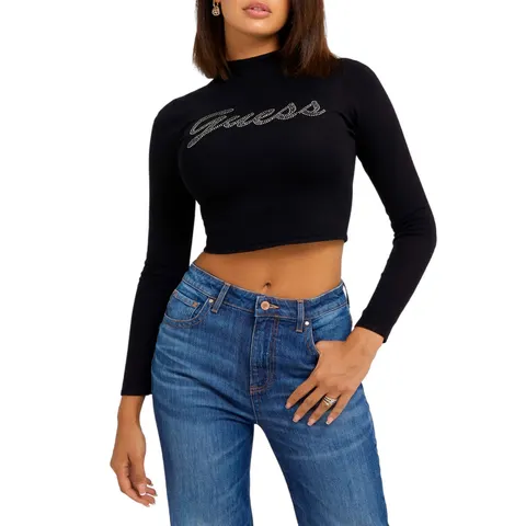 GUESS DAMSKI GOLF LS GUESS RHINESTONE CZARNY W3BR07Z2YK2 JBLK - Rozmiar: L