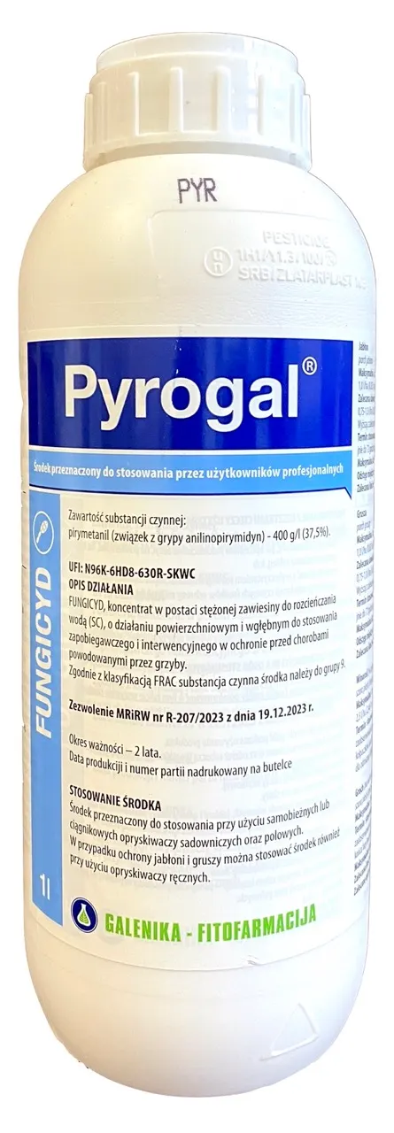 Pyrogal 1L GALENIKA pirymetanil jabłoń, grusza, winorośl, groch, zwalcza parcha, szarą pleśń