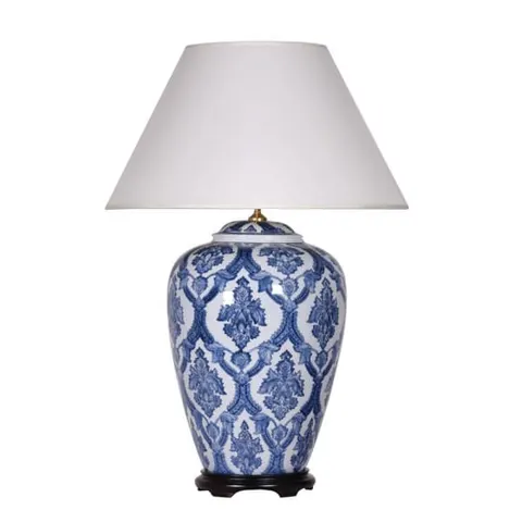 Lampa stołowa Petra 88 cm jasny abażur niebiesko-biała podstawa porcelana