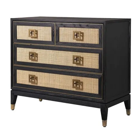 Komoda Zelten Black 88x100 cm cztery szuflady dąb rattan czarna
