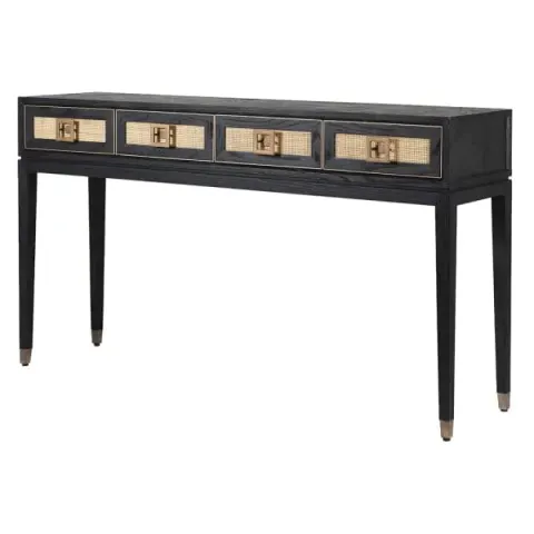 Konsola Zelten Black 160x91 cm cztery szuflady dąb rattan czarny stolik konsolowy