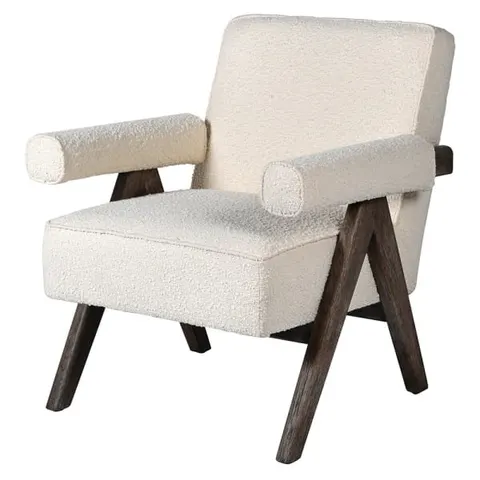 Fotel boucle Telcon White – biały, dębowa rama