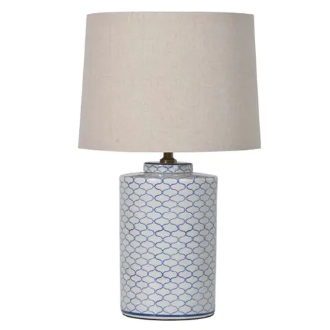 Lampa stołowa Whitley 66 cm niebiesko biała podstawa ceramiczna beżowy abażur