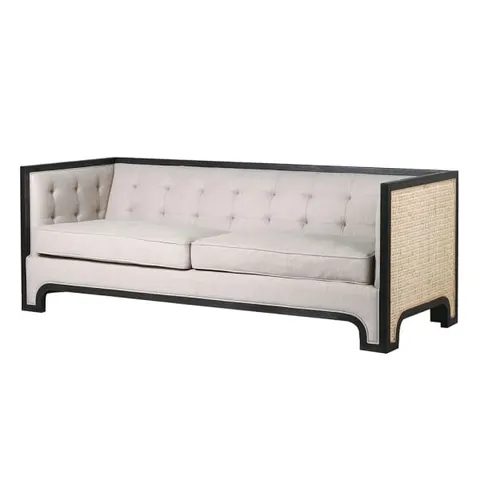Sofa Leicester 200 cm rattanowe boki czarny dąb jasne poduszki pikowane oparcie