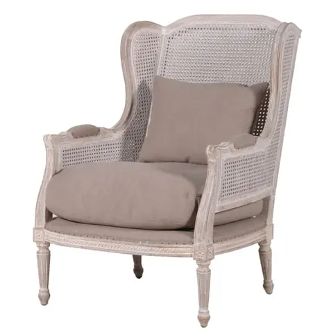 Fotel Manila Dark drewno dąb 98 cm poduchy brąz len bawełna