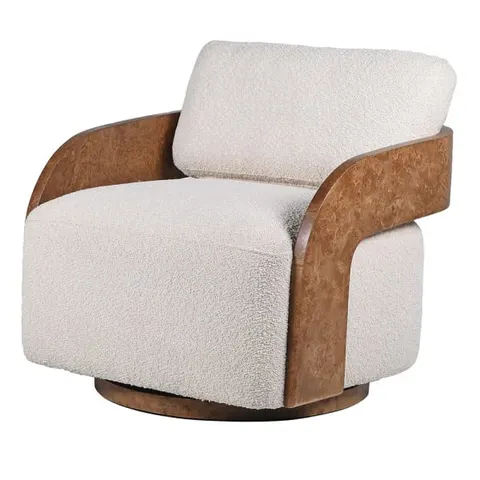 Fotel Heron Burl biały fotel boucle obrotowy drewniana rama