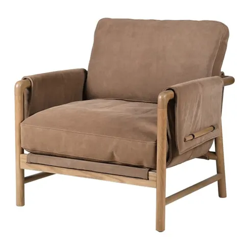 Fotel Skórzany Suede 87 cm brązowy zamsz dębowa rama