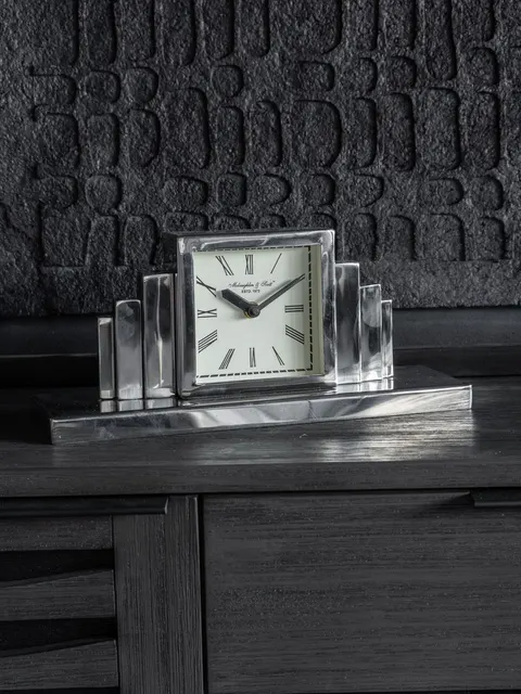 Stalowy zegar kominkowy Art Deco 34,5 cm srebrny zegar stojący