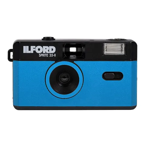 Analogowy aparat fotograficzny ILFORD Sprite 35-II Camera - niebiesko-czarny