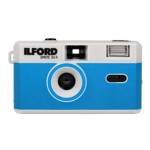 Analogowy aparat fotograficzny ILFORD Sprite 35-II Camera - niebiesko-srebrny