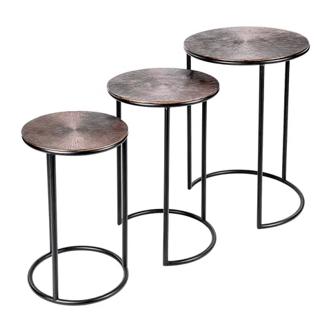 Trzy stoliki boczne Copper aluminium komplet stolików miedź i czerń
