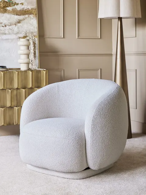 Fotel Pimlico White biała tkanina boucle dekoracyjny fotel obrotowy