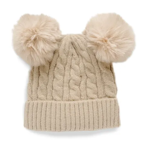 Czapka ocieplana kids pompony beżowa