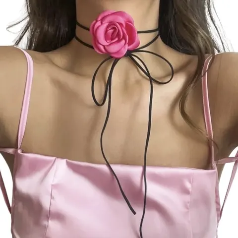 Naszyjnik choker kwiat róża hot pink