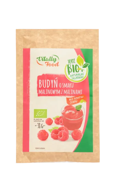 BUDYŃ O SMAKU MALINOWYM Z MALINAMI BEZ DODATKU CUKRU BIO 38 g - VITALLY FOOD