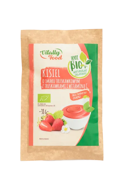 KISIEL O SMAKU TRUSKAWKOWYM Z TRUSKAWKAMI I WITAMINĄ C BEZ DODATKU CUKRU BIO 38 g - VITALLY FOOD