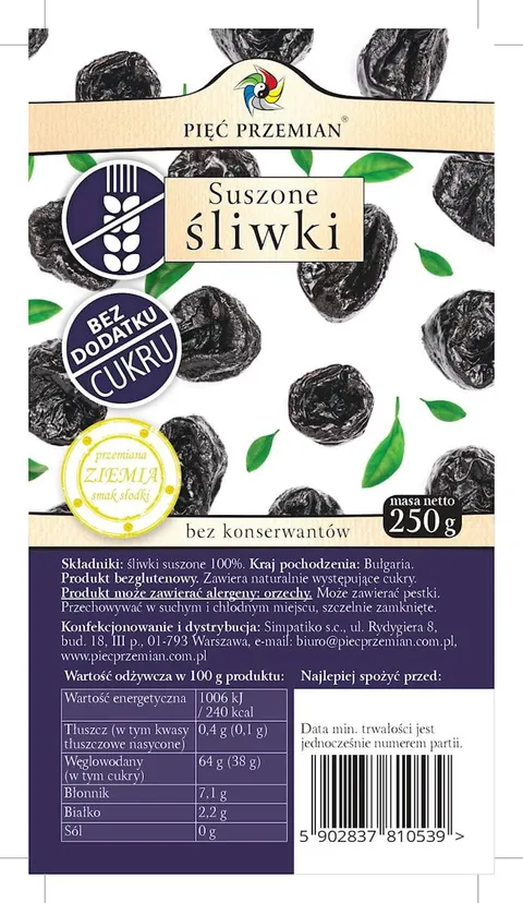 Śliwki suszone bez konserwantów 250g PIĘĆ PRZEMIAN