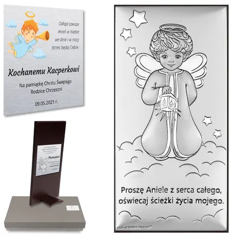 Srebrny obrazek anioł stróż na chmurce z latarenką 6756