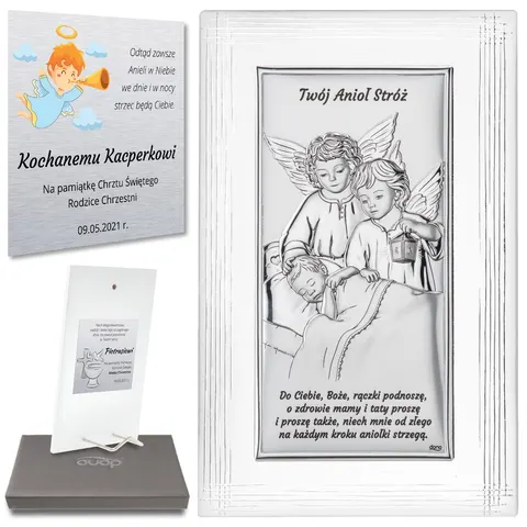 Obrazek srebrny dwa aniołki ozdobna ramka z grawerem DS22f
