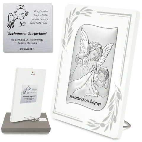 Prezent Chrzest Obrazek Anioł Stróż Srebrny Personalizowany 6784SOP