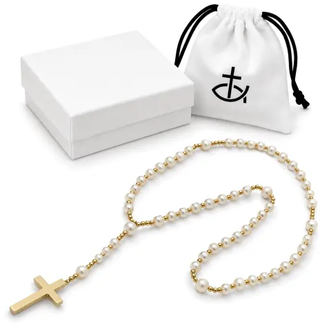 Różaniec z pereł naturalnych złoty 5 tajemnic elegancki prezent