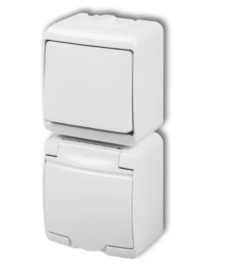 JUNIOR Łącznik jednobiegunowy z gniazdem z uziemieniem natynkowe hermetyczne w układzie pion IP54 10A-łącznik 16A-gniazdo 250V, biały klapka biała; WGHP-1 KARLIK