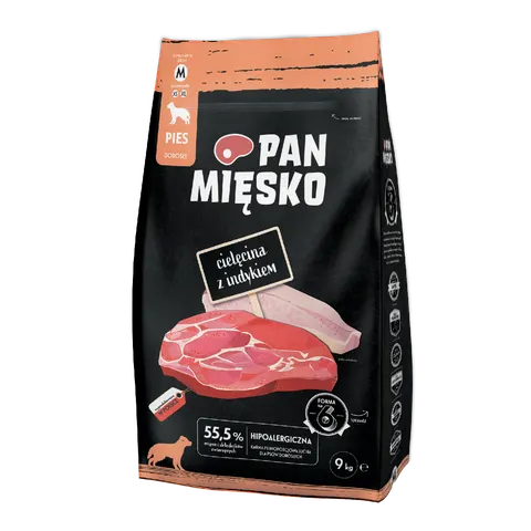 Pan Mięsko Cielęcina z Indykiem – sucha karma dla dorosłych psów, chrupki M, 9 kg