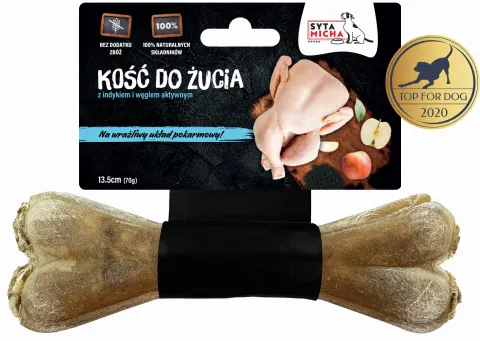 Kość do żucia z indykiem i aktywnym węglem na delikatny układ pokarmowy Syta Micha 13,5 cm