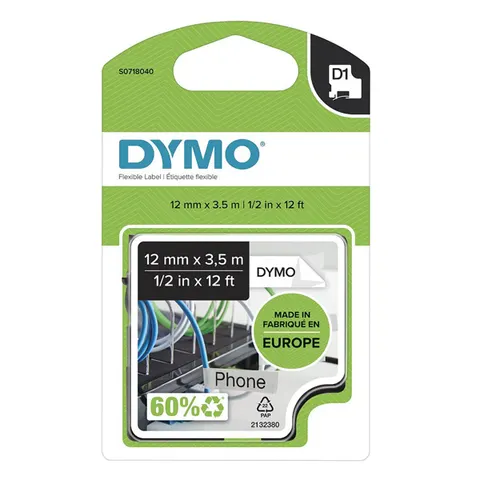 Taśma DYMO 16957 - 3.5m × 12mm, D1, czarny druk / biały podkład